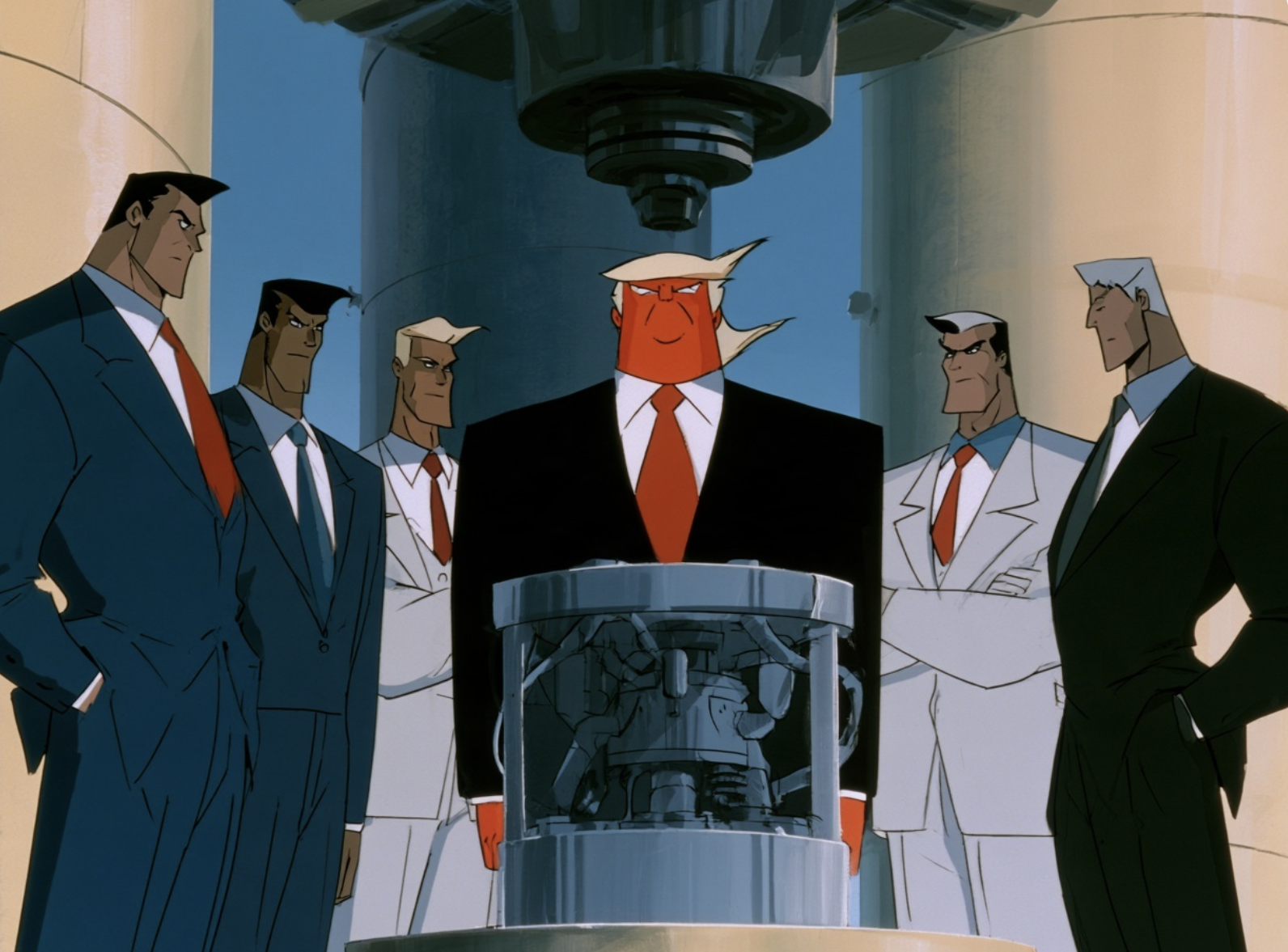 Animated figures in suits gathered around a machine