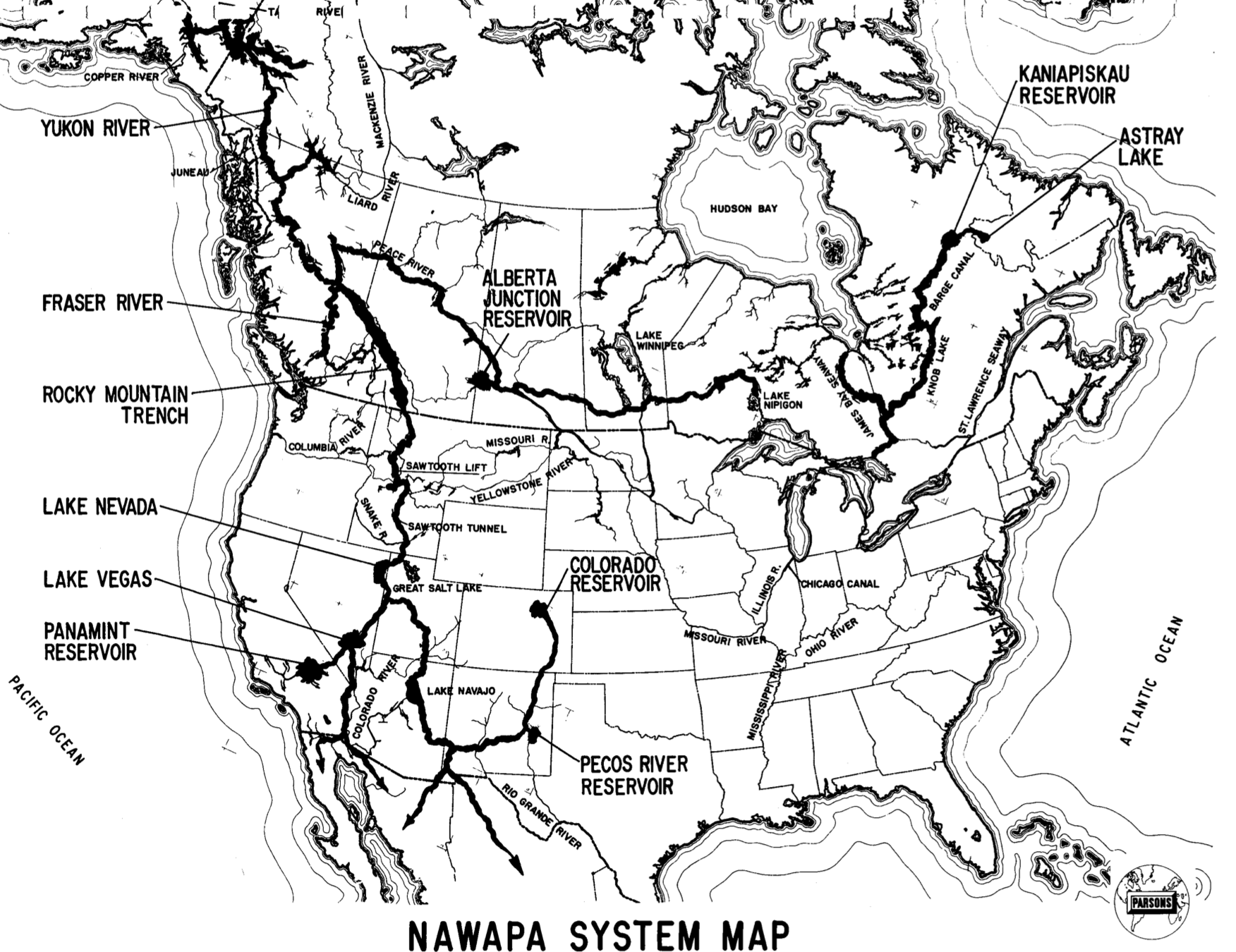 Map of the proposed North American Water and Power Alliance system