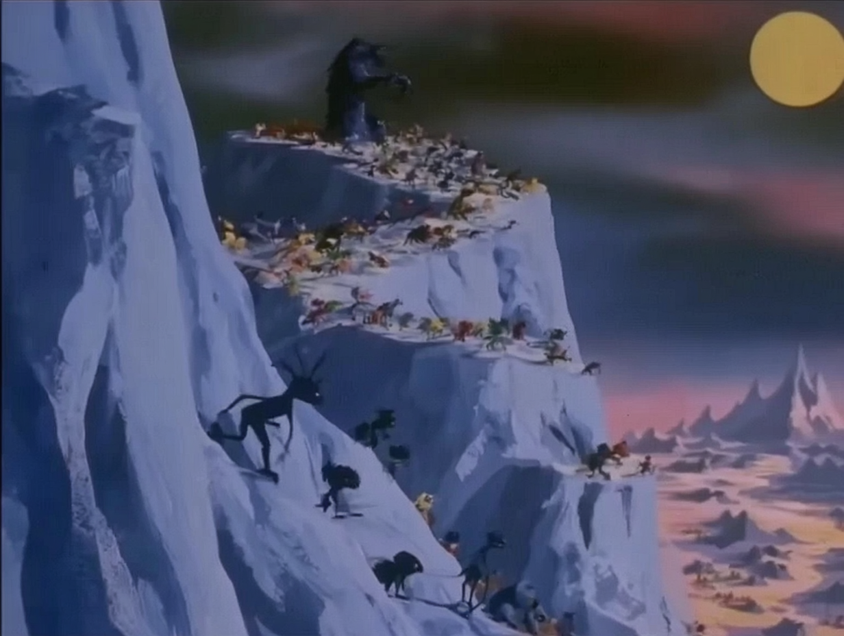 Animated animals climbing a snowy mountain beneath a yellow moon